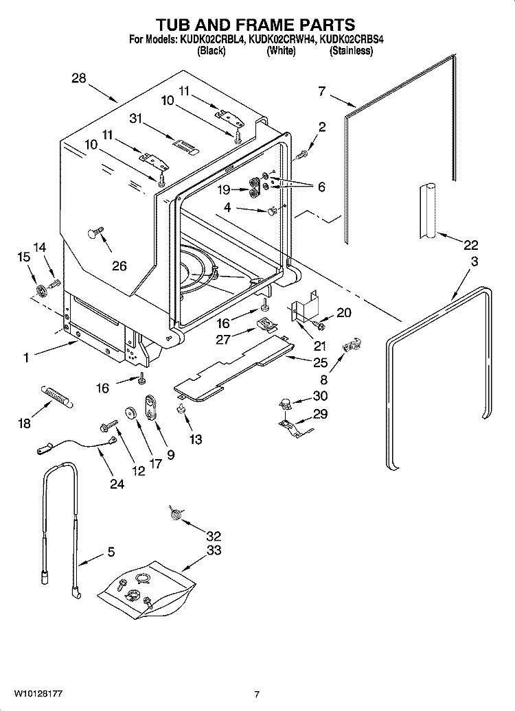 TUB AND FRAME PARTS Diagram and Parts List for KUDK02CRBL4  KitchenAid Dishwasher