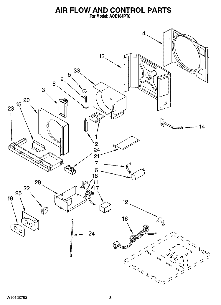 AIR FLOW AND CONTROL PARTS Diagram and Parts List for ACE184PT0  Whirlpool Air Conditioner