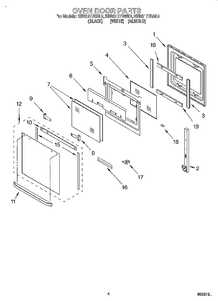 OVEN DOOR Diagram and Parts List for KEBS177DBL2  KitchenAid Wall Oven
