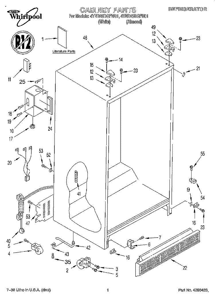 CABINET, LITERATURE Diagram and Parts List for 4YED25DQFW01  Whirlpool Refrigerator