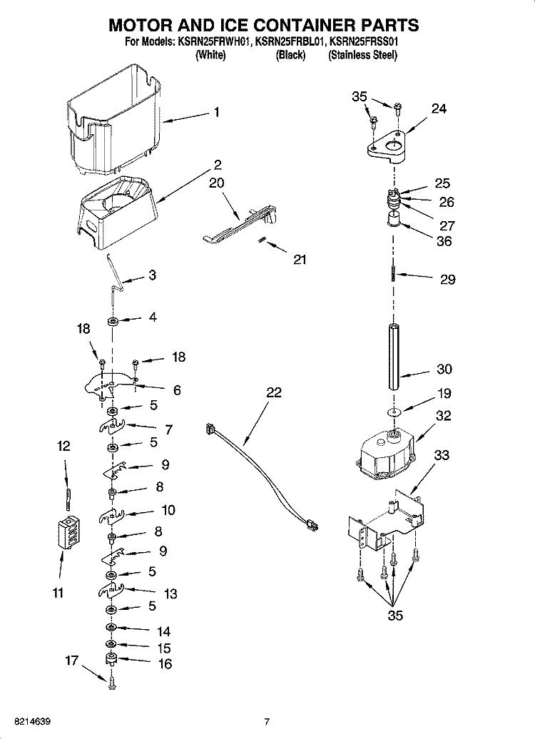 MOTOR AND ICE CONTAINER PARTS Diagram and Parts List for KSRN25FRWH01  KitchenAid Refrigerator