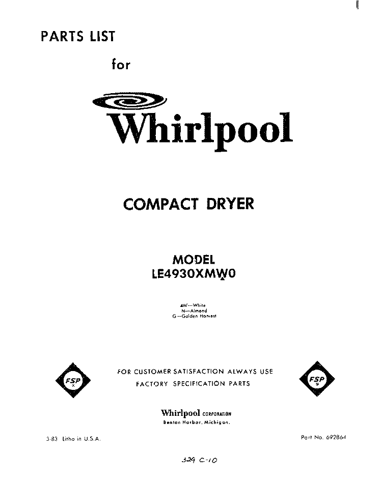 SECTION Diagram and Parts List for LE4930XMW0  Whirlpool Dryer