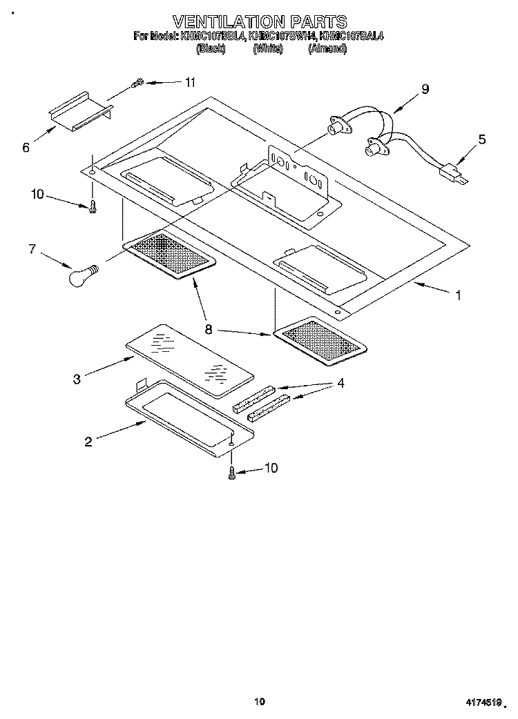 VENTILATION Diagram and Parts List for KHMC107BWH4  KitchenAid Microwave