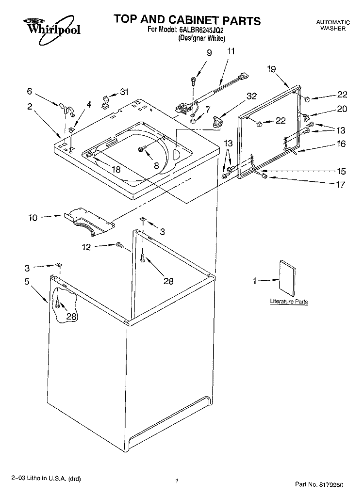 TOP AND CABINET PARTS Diagram and Parts List for 6ALBR6245JQ2  Whirlpool Washer