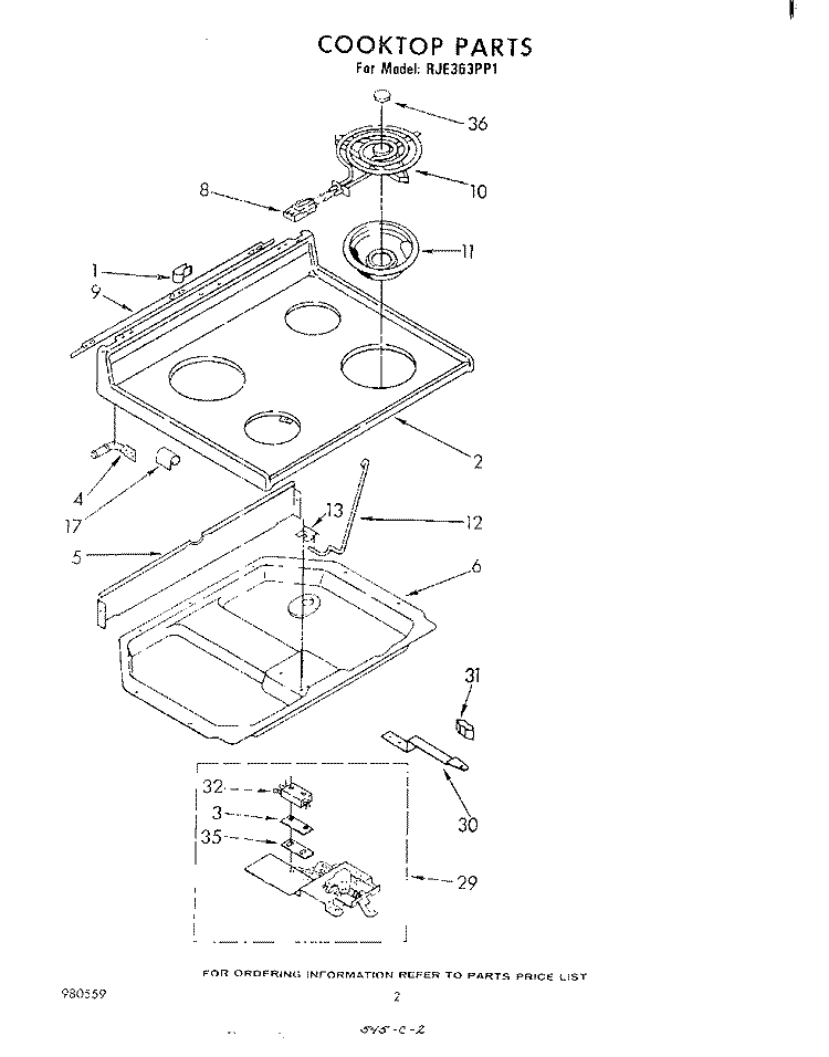 COOK TOP Diagram and Parts List for RJE363PP1  Whirlpool Range