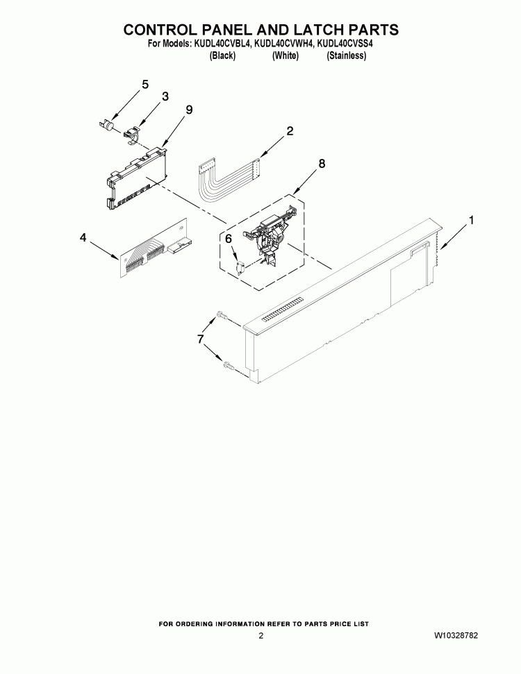 CONTROL PANEL AND LATCH PARTS Diagram and Parts List for KUDL40CVBL4  KitchenAid Dishwasher