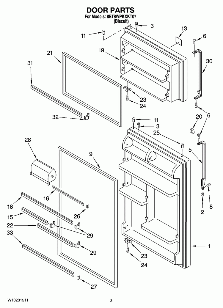 DOOR PARTS Diagram and Parts List for 8ET8WPKXKT07  Whirlpool Refrigerator