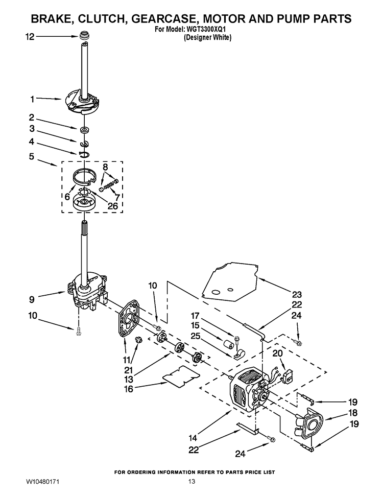 BRAKE, CLUTCH, GEARCASE, MOTOR AND PUMP PARTS Diagram and Parts List for WGT3300XQ1  Whirlpool Washer Dryer Combo