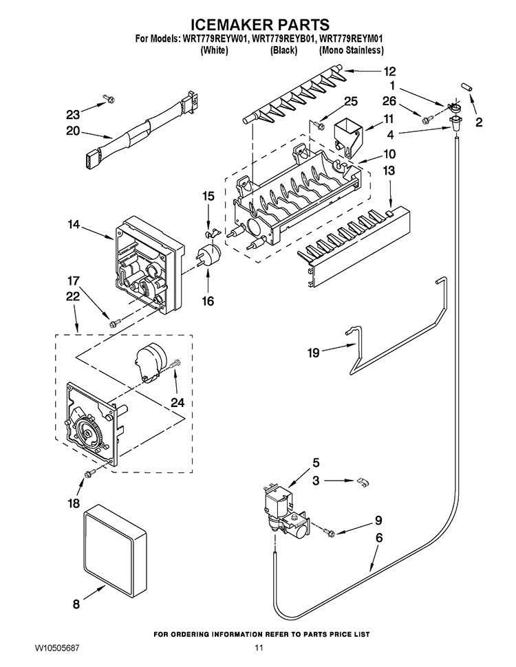 ICEMAKER PARTS Diagram and Parts List for WRT779REYB01  Whirlpool Refrigerator