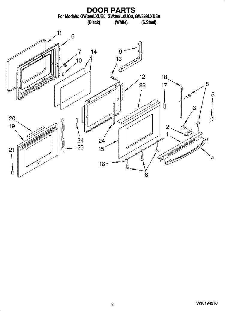 DOOR PARTS Diagram and Parts List for GW399LXUB0  Whirlpool Range