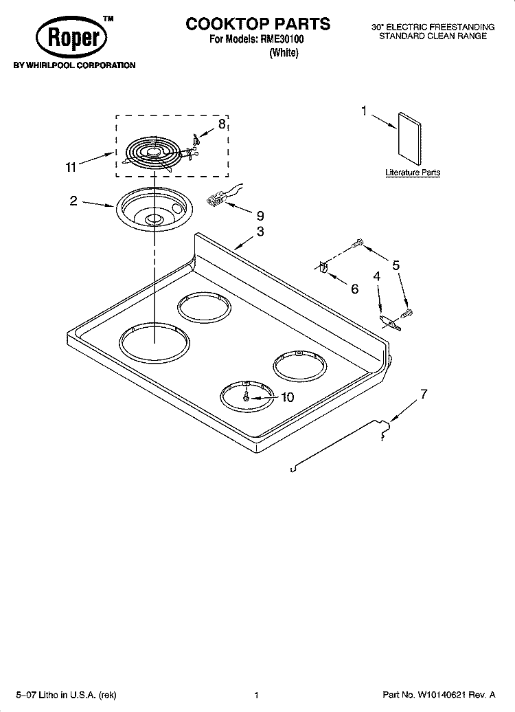 COOKTOP PARTS Diagram and Parts List for RME30100  Roper Range