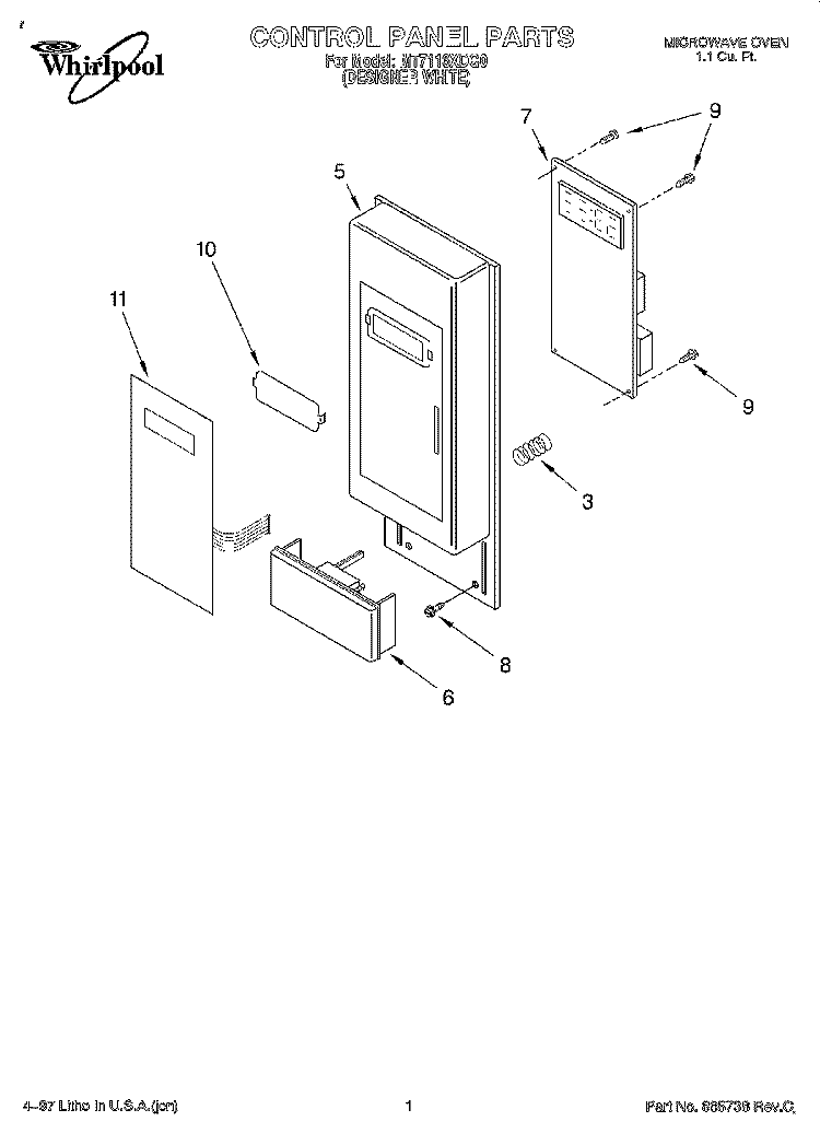 CONTROL PANEL Diagram and Parts List for MT7116XDQ0  Whirlpool Microwave