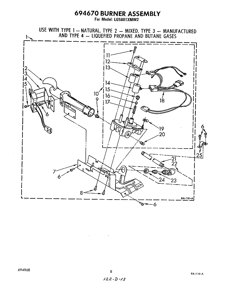 694670 BURNER ASSEMBLY Diagram and Parts List for LG5801XMW2  Whirlpool Dryer