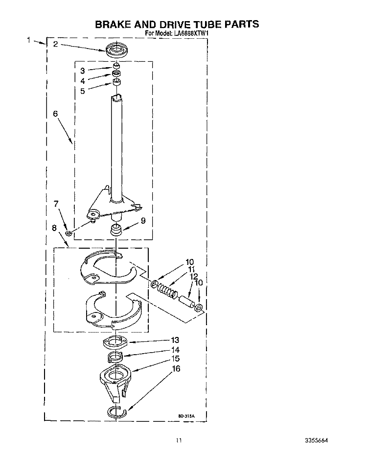 BRAKE AND DRIVE TUBE Diagram and Parts List for LA6888XTG1  Whirlpool Washer