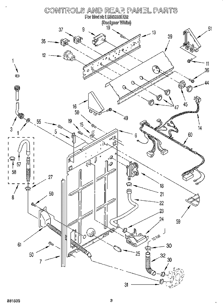 CONTROLS AND REAR PANEL Diagram and Parts List for LSR5233EQ2  Whirlpool Washer