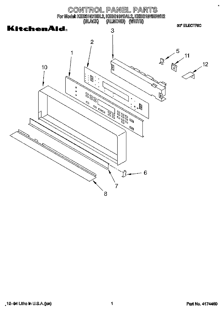 CONTROL PANEL Diagram and Parts List for KEBS107BBL2  KitchenAid Wall Oven