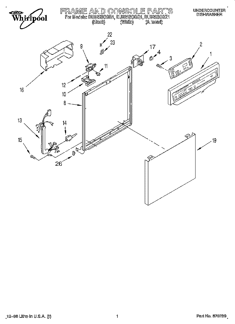 FRAME AND CONSOLE Diagram and Parts List for DU925SCGQ1  Whirlpool Dishwasher