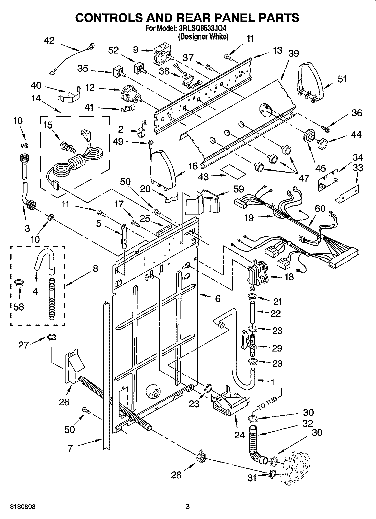 CONTROLS AND REAR PANEL PARTS Diagram and Parts List for 3RLSQ8533JQ4  Whirlpool Washer