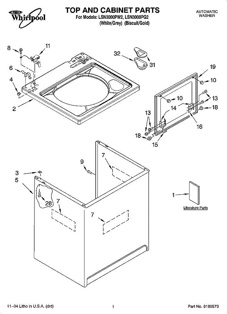 TOP AND CABINET PARTS Diagram and Parts List for LSN3000PW2  Whirlpool Washer