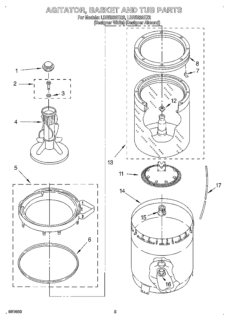 AGITATOR, BASKET AND TUB Diagram and Parts List for LBR5232EQ2  Whirlpool Washer