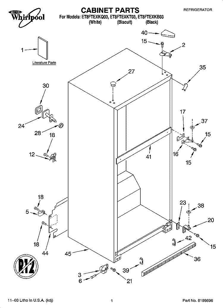 CABINET PARTS Diagram and Parts List for ET8FTEXKQ03  Whirlpool Refrigerator