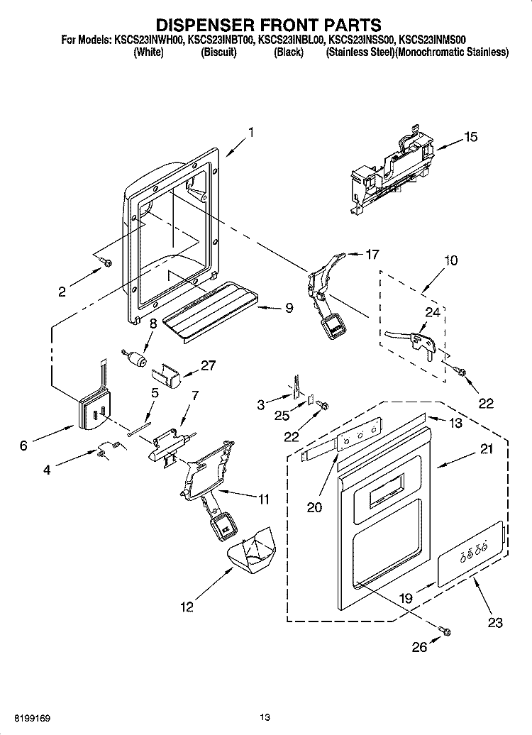 DISPENSER FRONT PARTS Diagram and Parts List for KSCS23INBL00  KitchenAid Refrigerator