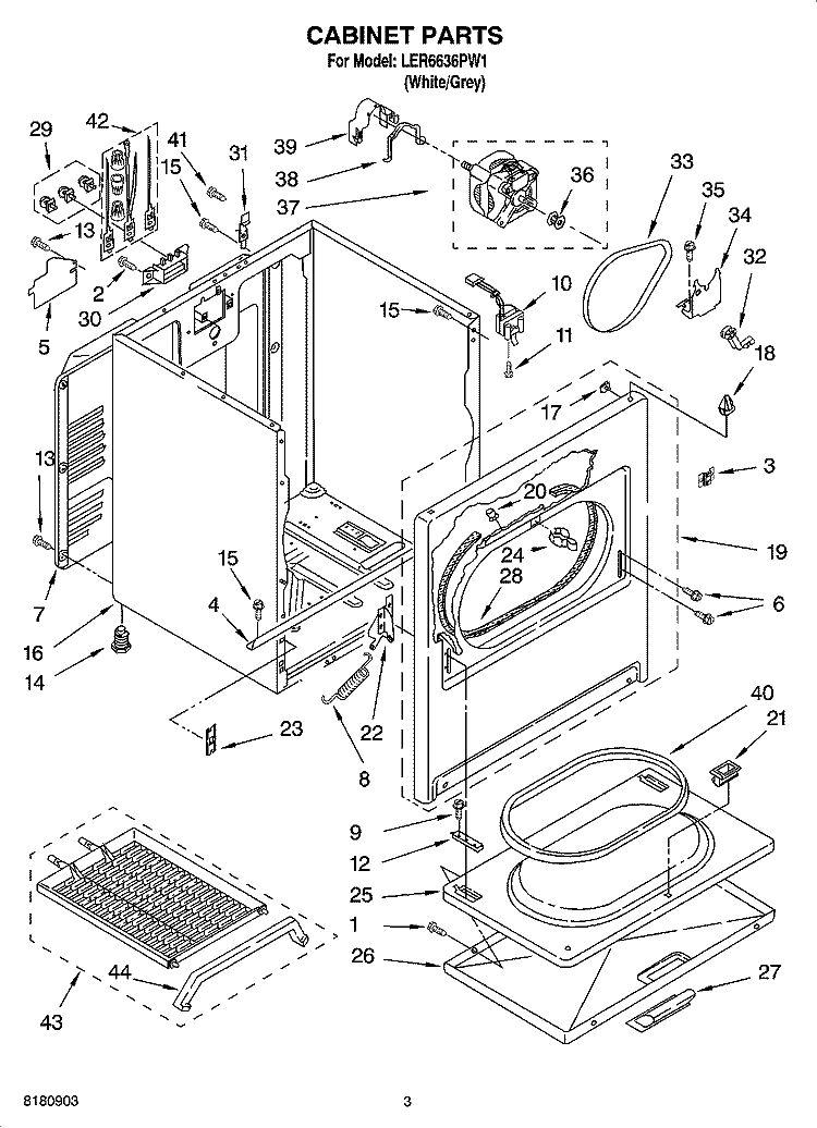 CABINET PARTS Diagram and Parts List for LER6636PW1  Whirlpool Dryer