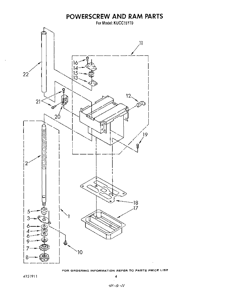 POWERSCREW AND RAM Diagram and Parts List for KUCC151T0  KitchenAid Trash Compactor