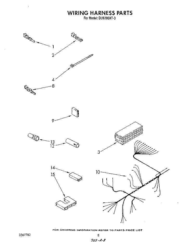 WIRING HARNESS Diagram and Parts List for DU8300XT3  Whirlpool Dishwasher