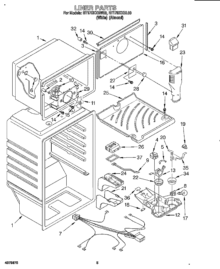 LINER Diagram and Parts List for RT17DKXBL00  Roper Refrigerator