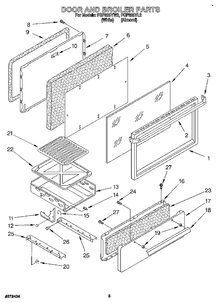 DOOR AND BROILER Diagram and Parts List for FGP325YL2  Roper Range
