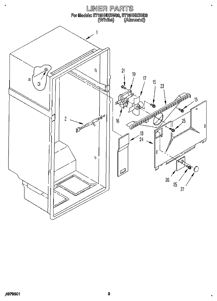 LINER Diagram and Parts List for ET18HNXBW00  Whirlpool Refrigerator