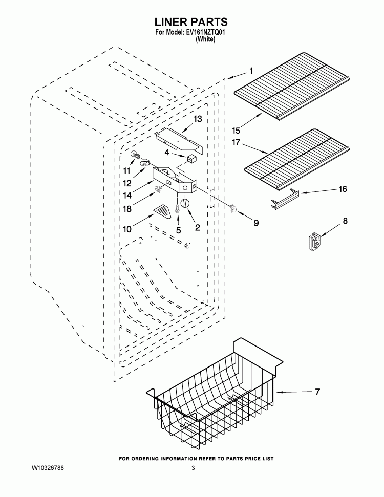 LINER PARTS Diagram and Parts List for EV161NZTQ01  Whirlpool Freezer