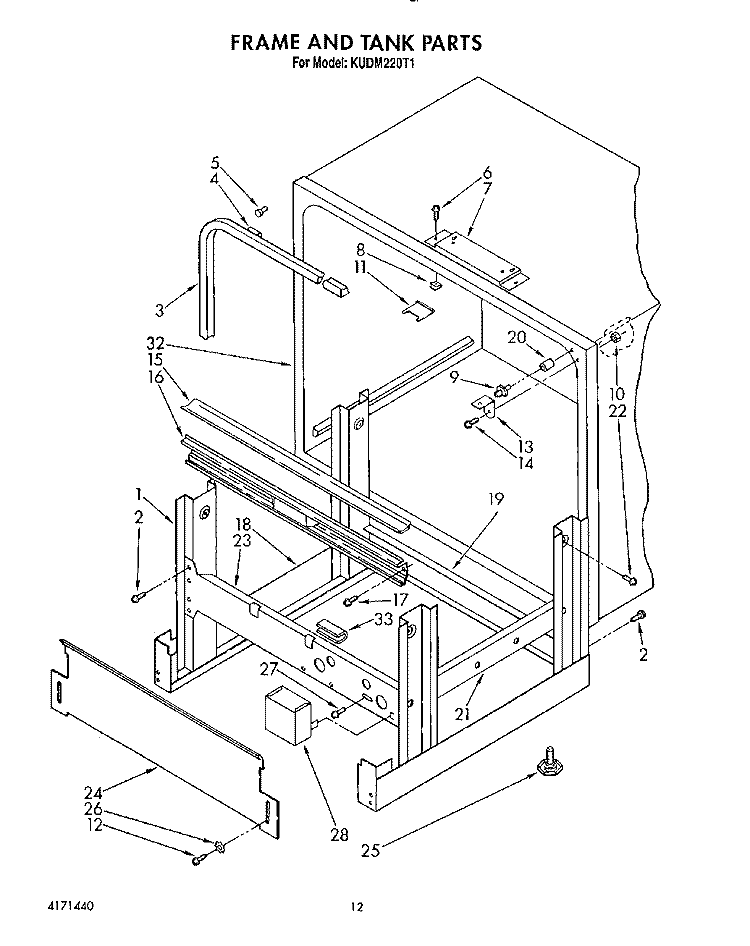 FRAME AND TANK Diagram and Parts List for KUDM220T1  KitchenAid Dishwasher