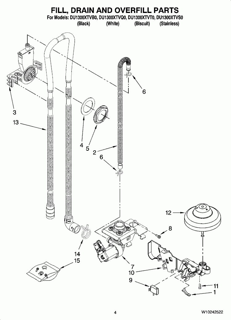 FILL, DRAIN AND OVERFILL PARTS Diagram and Parts List for DU1300XTVQ0  Whirlpool Dishwasher