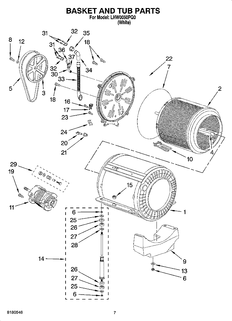 BASKET AND TUB PARTS Diagram and Parts List for LHW0050PQ0  Whirlpool Washer