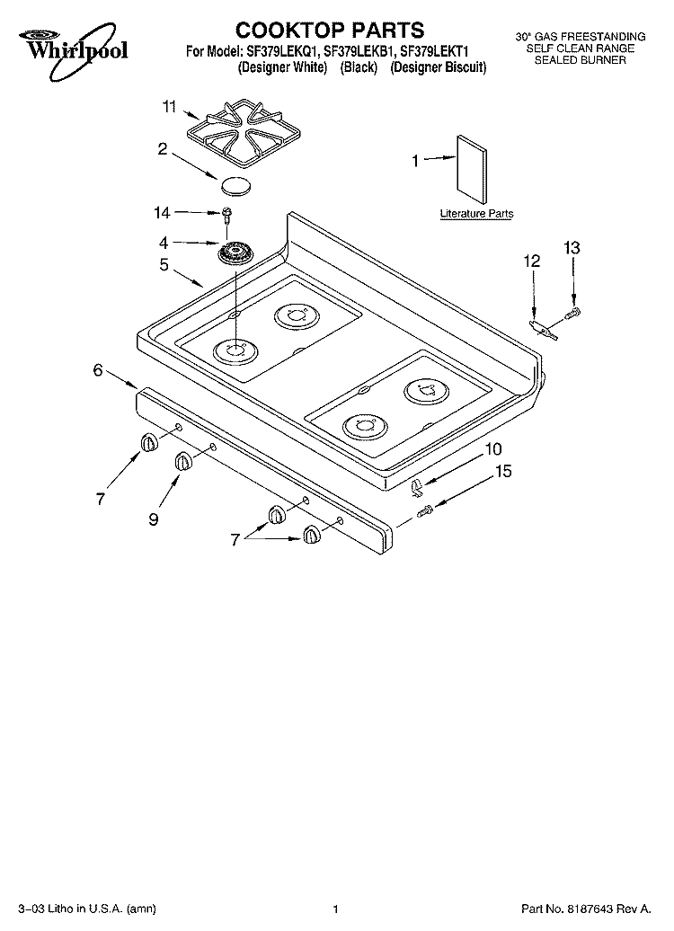 COOKTOP PARTS Diagram and Parts List for SF379LEKB1  Whirlpool Range