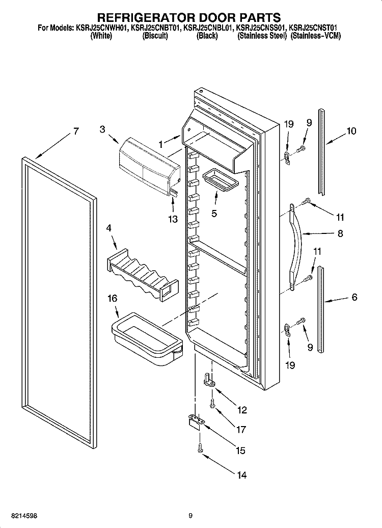 REFRIGERATOR DOOR PARTS Diagram and Parts List for KSRJ25CNBT01  KitchenAid Refrigerator