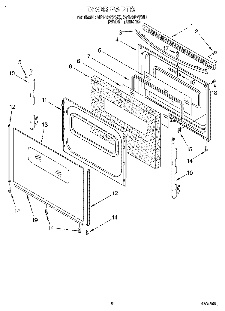 DOOR, LIT/OPTIONAL Diagram and Parts List for SF375PEEW0  Whirlpool Range