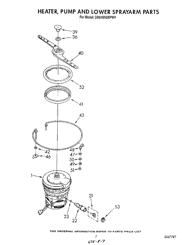 HEATER, PUMP AND LOWER SPRAY ARM Diagram and Parts List for GDU4050XPW4  Whirlpool Dishwasher