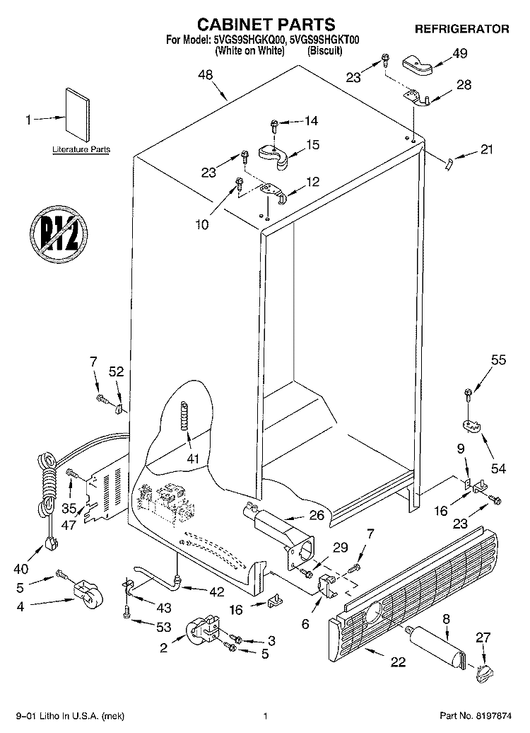 CABINET, LITERATURE Diagram and Parts List for 5VGS9SHGKT00  Whirlpool Refrigerator