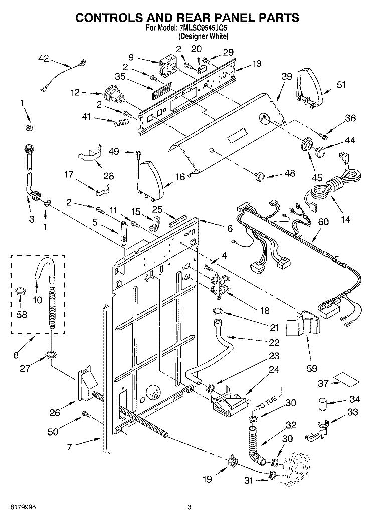 CONTROLS AND REAR PANEL PARTS Diagram and Parts List for 7MLSC9545JQ5  Whirlpool Washer