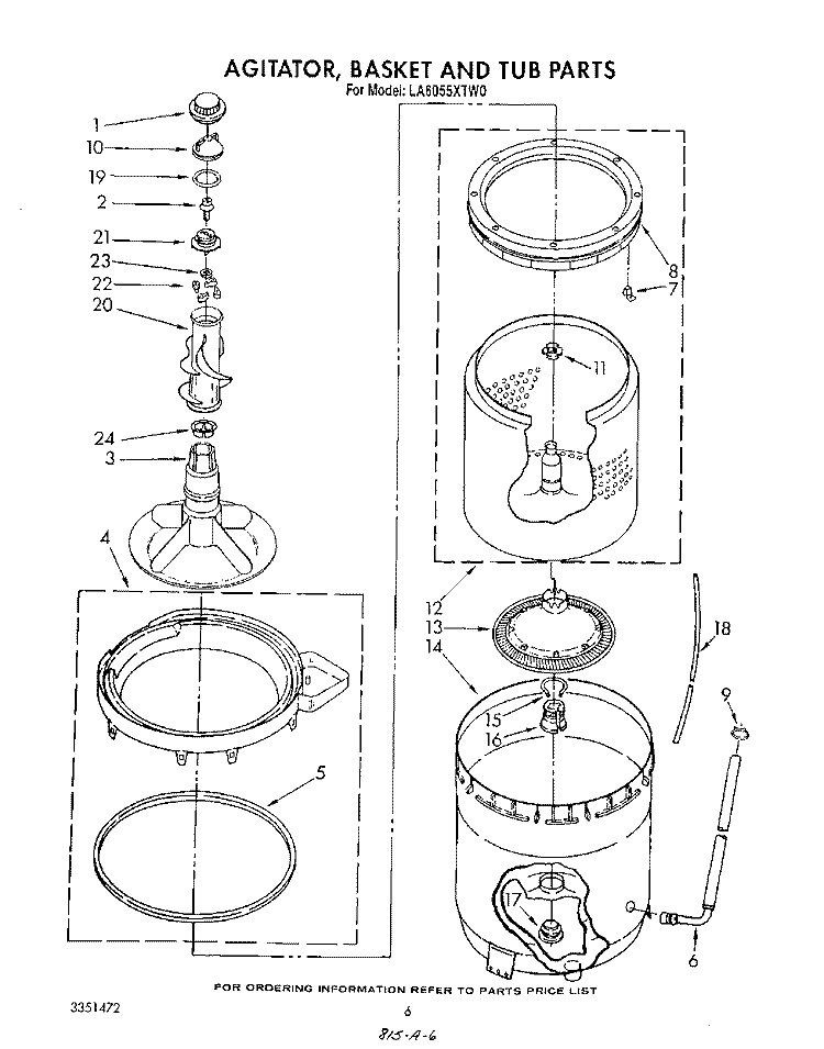 AGITATOR, BASKET AND TUB Diagram and Parts List for LA6055XTF0  Whirlpool Washer