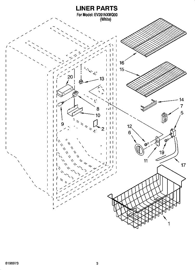 LINER PARTS Diagram and Parts List for EV201NXMQ00  Whirlpool Freezer