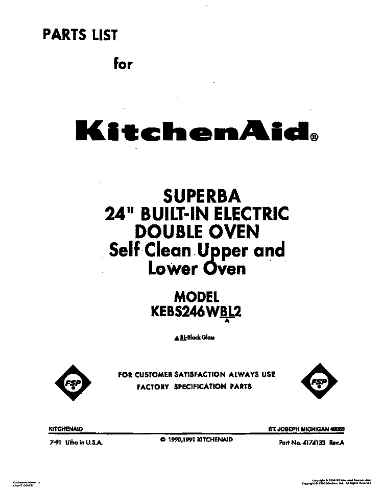 COVER Diagram and Parts List for KEBS246WBL2  KitchenAid Wall Oven