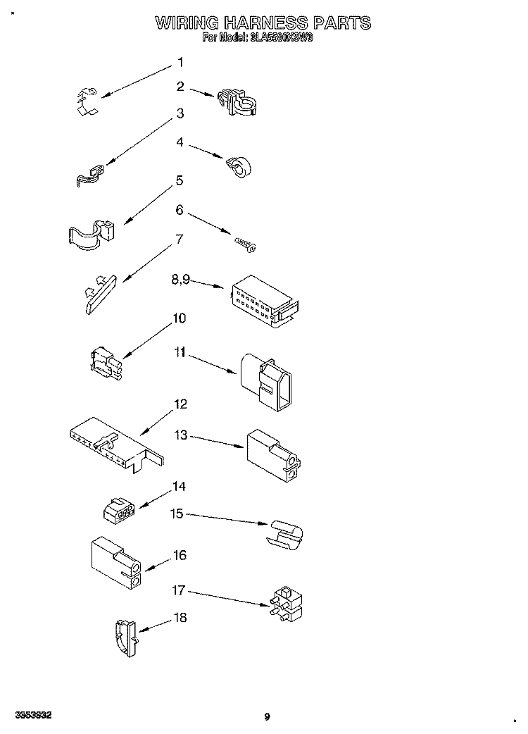 WIRING HARNESS Diagram and Parts List for 3LA5580XSN3  Whirlpool Washer