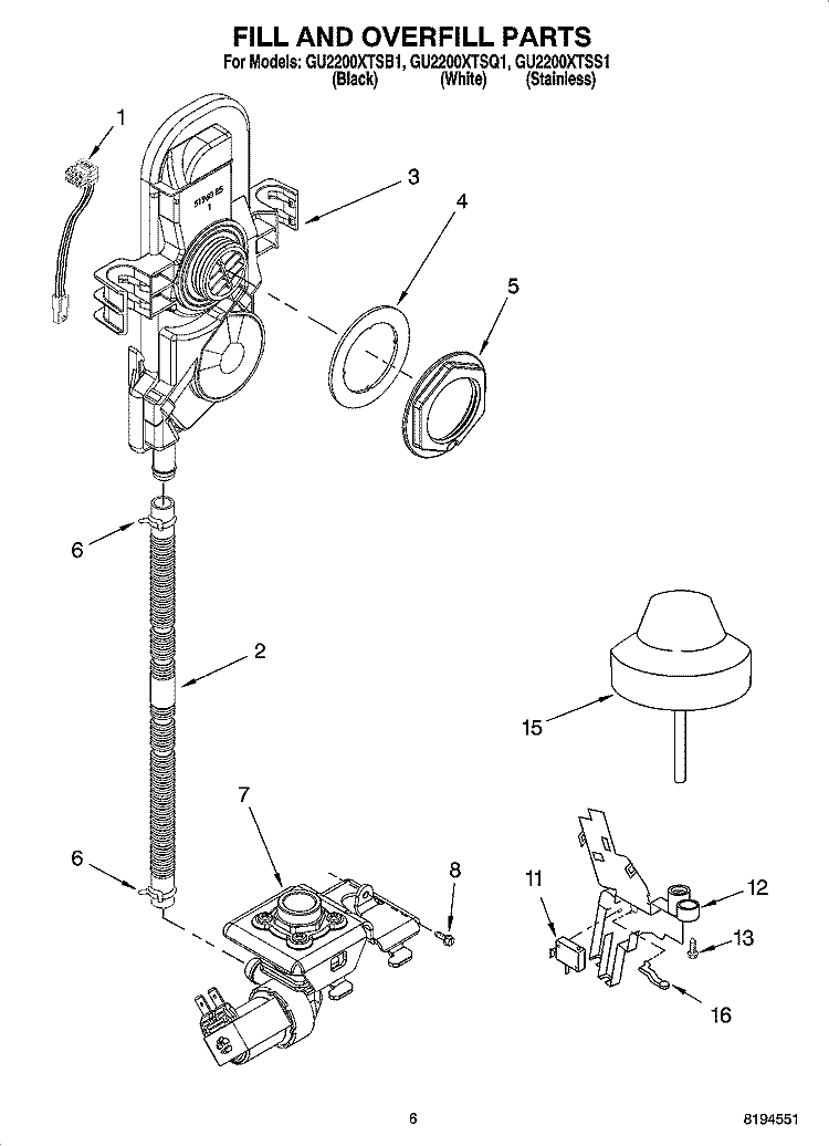 FILL AND OVERFILL PARTS Diagram and Parts List for GU2200XTSQ1  Whirlpool Dishwasher