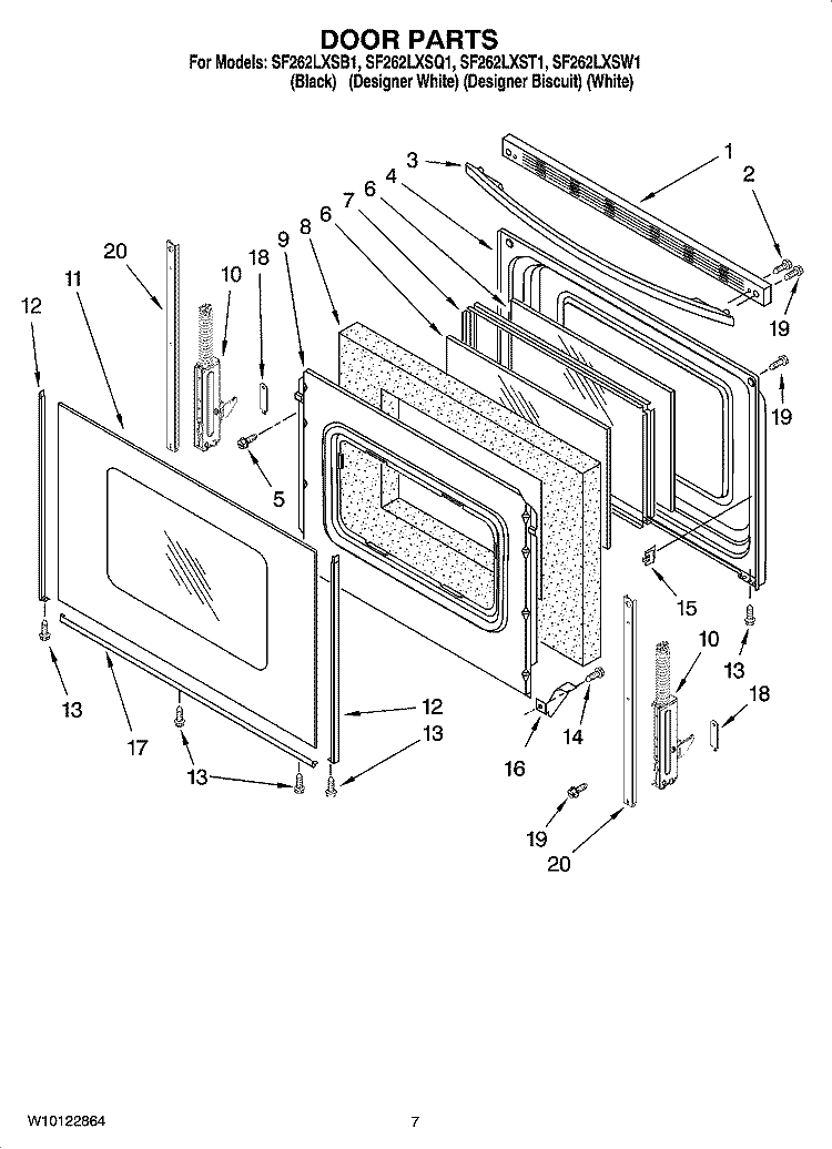 DOOR PARTS Diagram and Parts List for SF262LXSQ1  Whirlpool Range