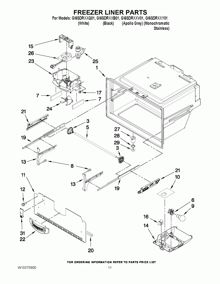 FREEZER LINER PARTS Diagram and Parts List for GI6FARXXF01  Whirlpool Refrigerator