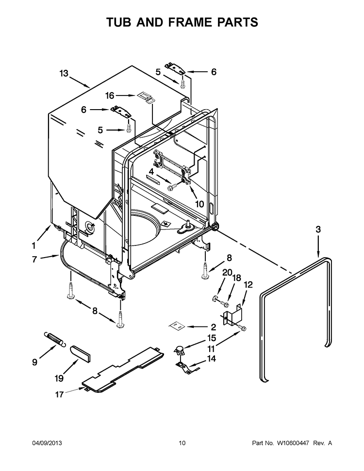 TUB AND FRAME PARTS Diagram and Parts List for WDF530PLYM5  Whirlpool Dishwasher